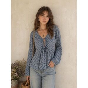American Eagle Babydoll Blouse S Blue Boho Keyhole Peplum Bell Sleeve Cottage